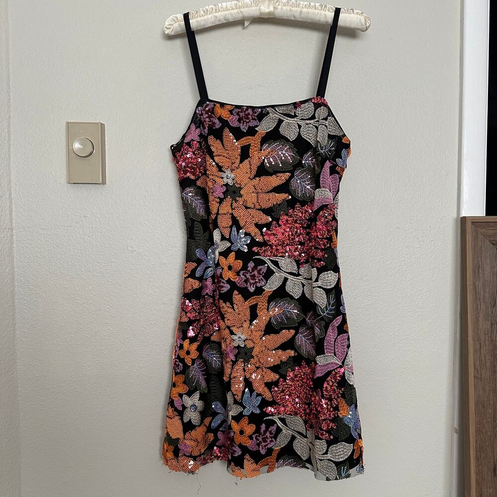 Cute Small Boutique Sequin Floral Mini Dress Sleeveless Black Orange Pink - Picture 2 of 10